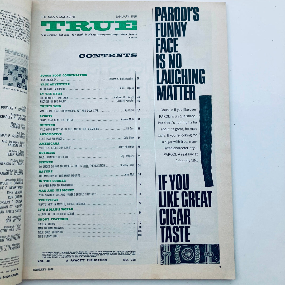 Inside page of TRUE The Man's Magazine, January 1968, Volume 48, Number 368, displaying the table of contents including highlights like Rickenbacker's biography and various features.