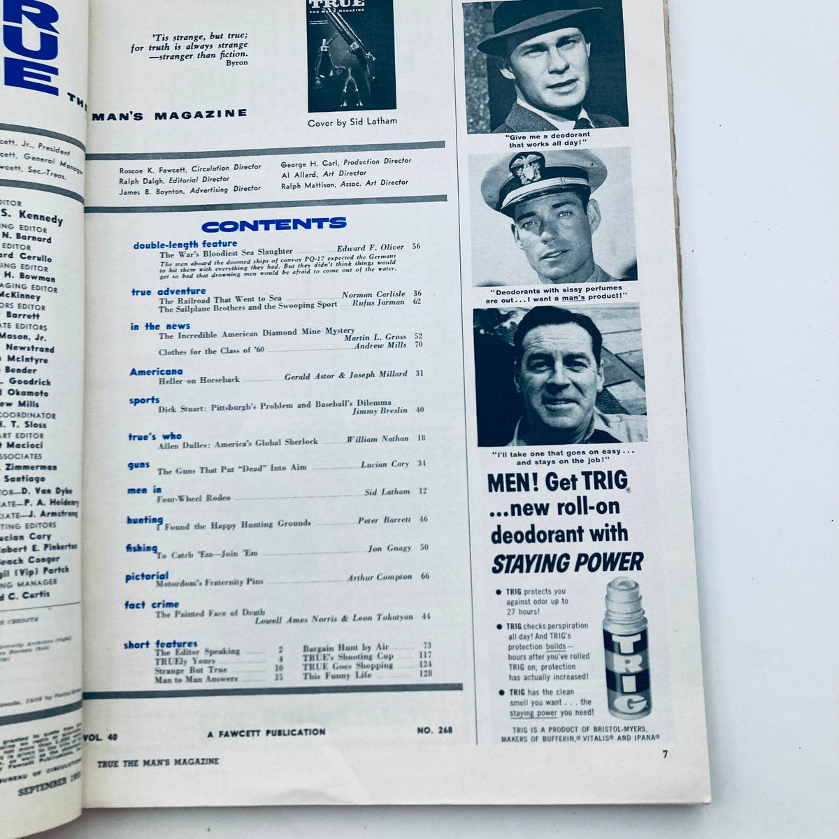 TRUE The Man's Magazine September 1959 Vol 40 No. 268 showing the contents page, detailing articles including Arkansas' Incredible Diamond Mine Mystery and intriguing advertisements from the era.