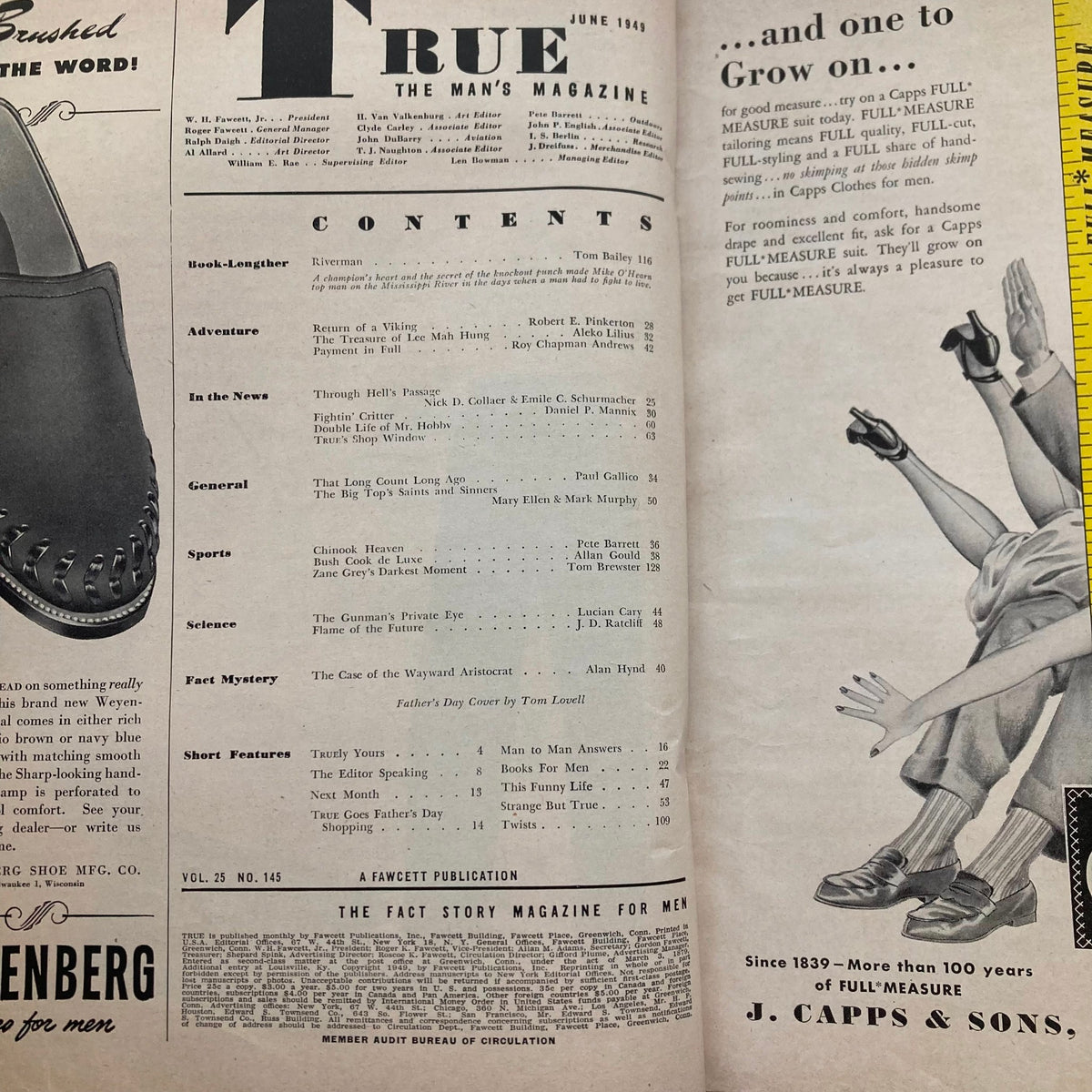 Inside page of TRUE The Man's Magazine June 1949 Vol 25 No. 145 featuring the table of contents and advertisements, showcasing articles like 'Through Hell's Passage' and various features centered around men's interests.