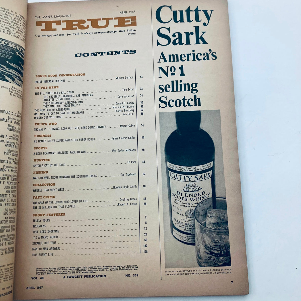 Inside page of TRUE The Man's Magazine April 1967 Vol 48 No. 359, showing the table of contents with articles like 'The Pill That Could Kill Sport' and advertisement for Cutty Sark Scotch.