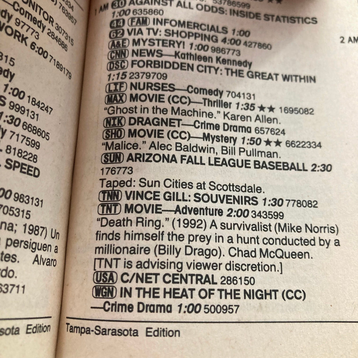 Inside page of TV Guide Magazine from November 18, 1995, showcasing the Tampa-Sarasota edition. The page includes TV listings and programming details relevant to that week.