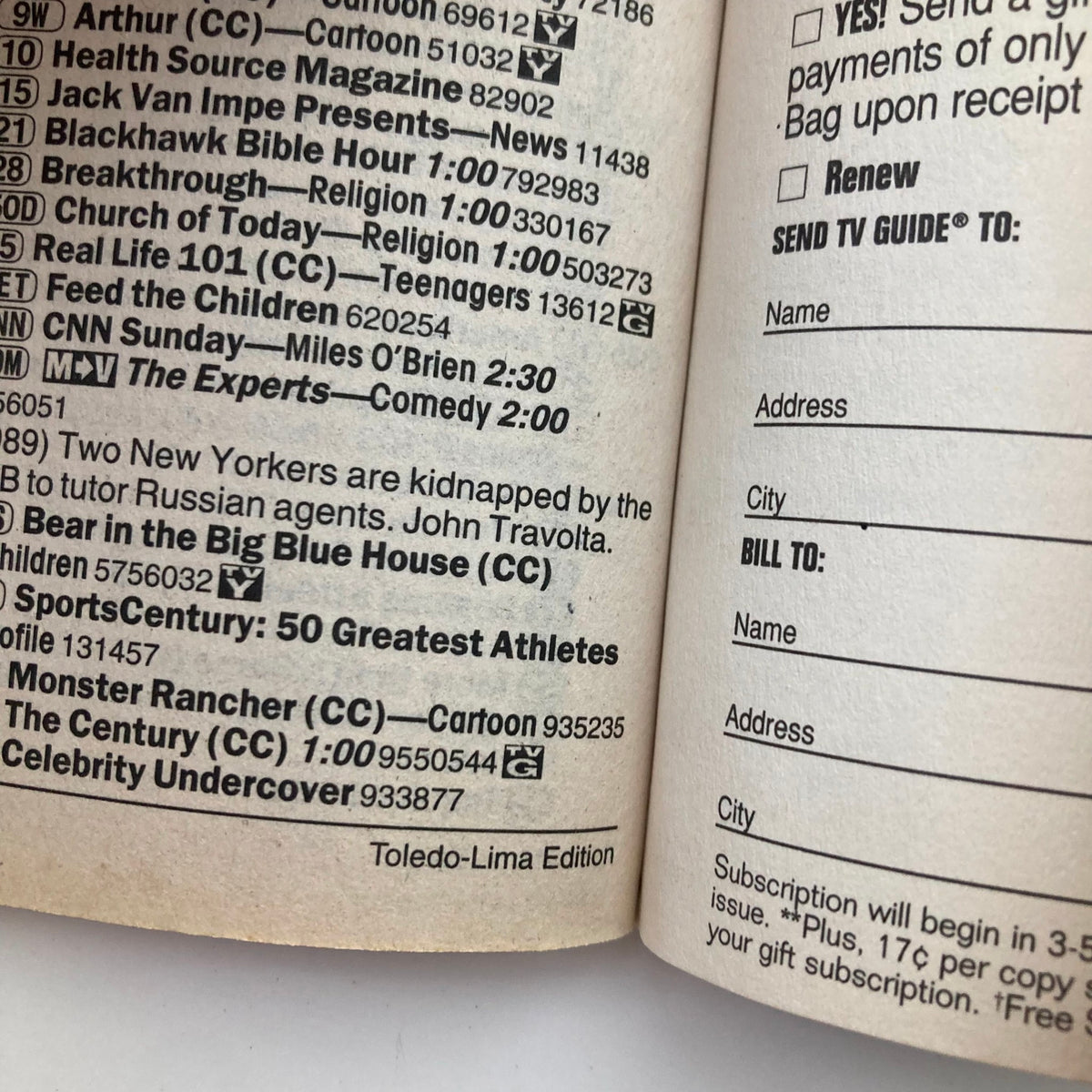 Inside page of the TV Guide Magazine May 5 2001 showing program listings and subscription information in the Toledo-Lima Edition.