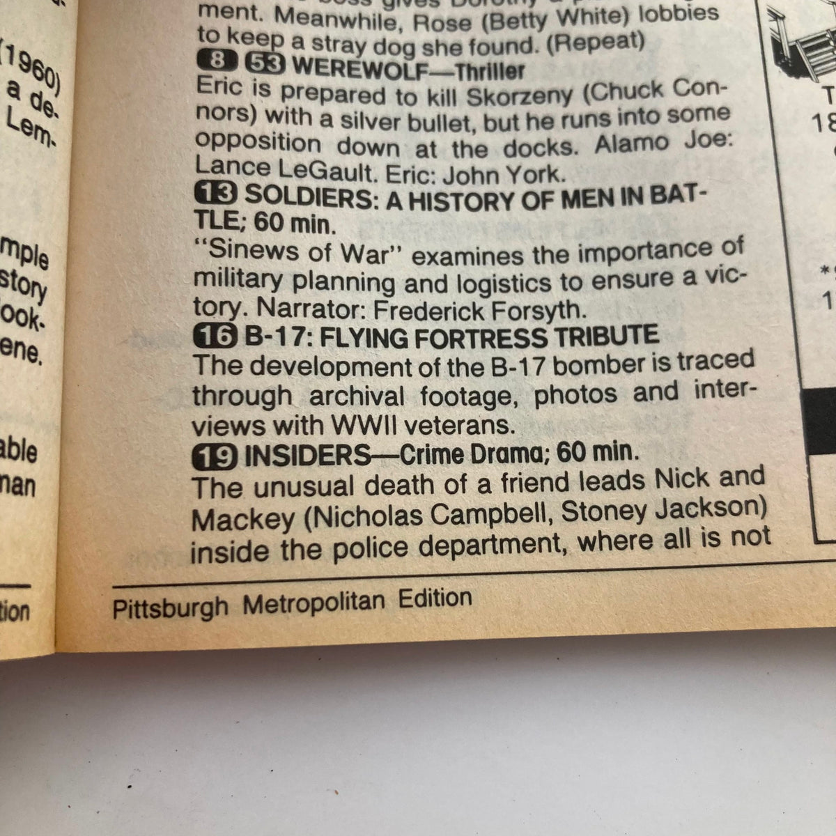 Inside page of TV Guide Magazine from July 18, 1987 showing television program listings for Pittsburgh Metropolitan Edition including shows such as B-17 Flying Fortress Tribute and Insiders.
