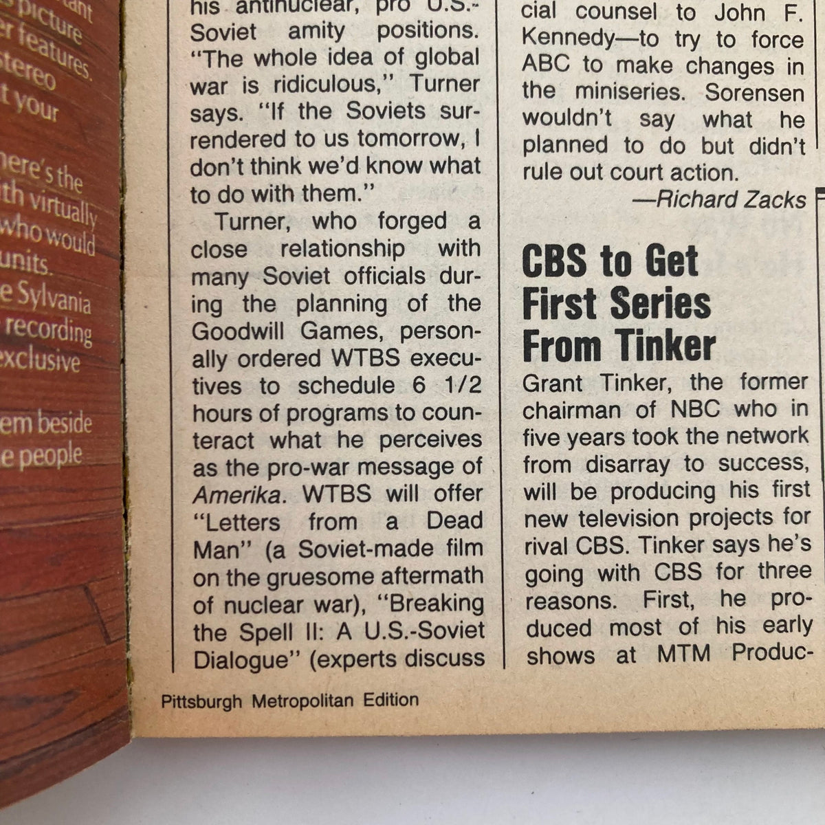 TV Guide Magazine January 31 1987, featuring articles on television history with a focus on Grant Tinker and the broadcast network CBS. The image showcases text discussing Tinker's transition to CBS and the programming response to the pro-war message in the series Amerika.
