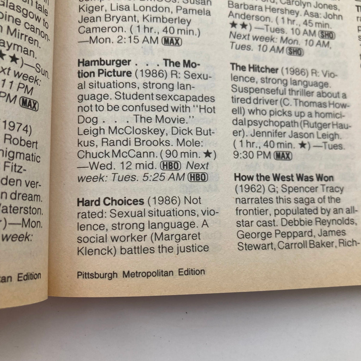 Interior page of TV Guide Magazine December 19, 1987 displaying television listings and movie descriptions, part of the Pittsburgh Metropolitan Edition.