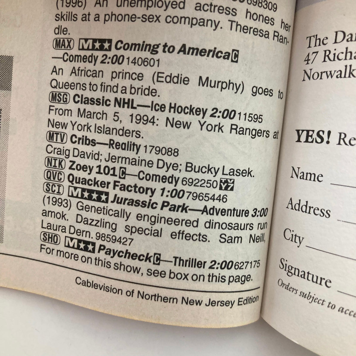 Interior page of TV Guide Magazine from May 8, 2005, featuring TV listings including programs such as 'Jurassic Park' and 'Coming to America', from Cablevision of Northern NJ Edition.