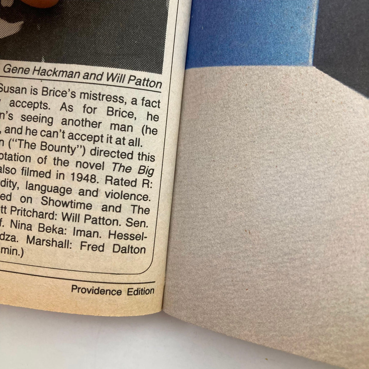 Inside page of TV Guide Magazine July 30 1988 discussing the film starring Gene Hackman and Will Patton, part of the Providence Edition.