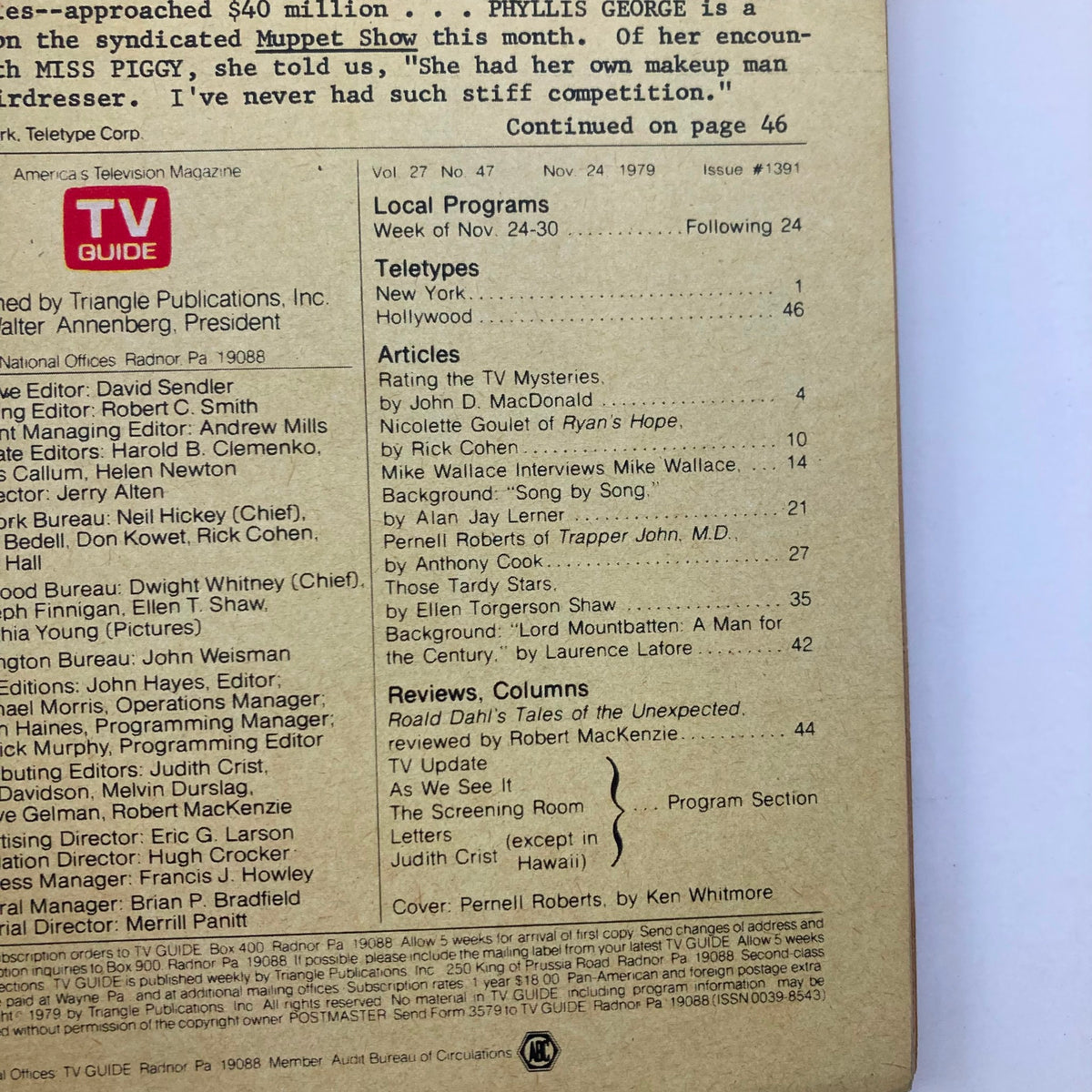Page from TV Guide Magazine November 24 1979 #1391 displaying the table of contents, articles including 'Rating the TV Mysteries' by John D. MacDonald, and features on Pernell Roberts and Mike Wallace.