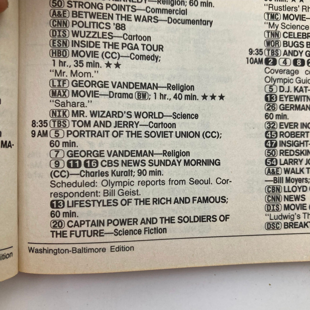Interior page from TV Guide Magazine dated September 17, 1988, listing television programs including Olympic coverage. The page features program schedules and highlights key shows like CBS News Sunday Morning with Olympic updates.