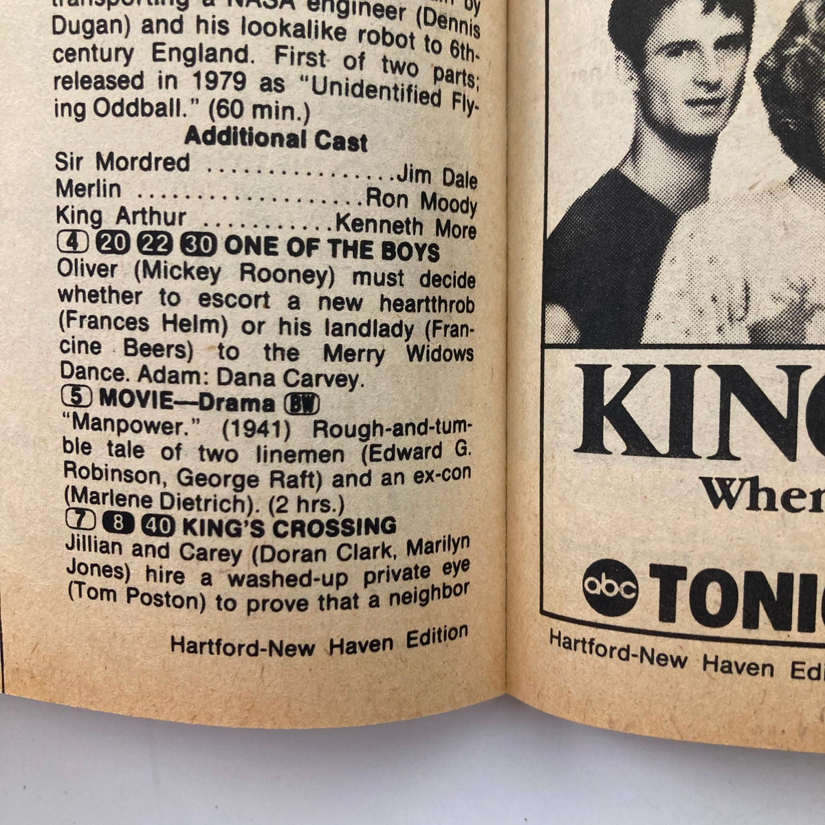 Inside page of TV Guide Magazine February 27, 1982, featuring program listings and additional cast info for the Hartford-New Haven edition.