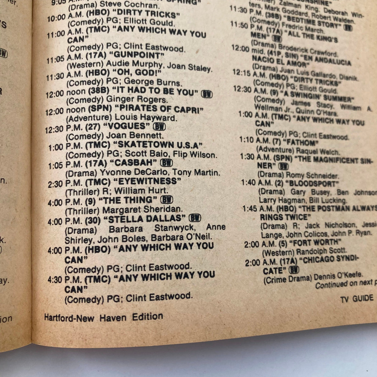 Detailed programming schedule from the TV Guide Magazine March 20 1982 Ronald Reagan Hartford-New Haven Edition, listing TV shows and movies.