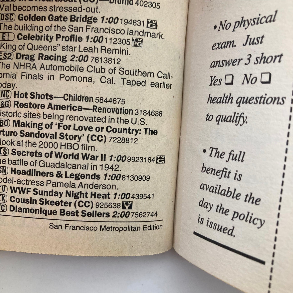 Inside page of TV Guide Magazine November 11 2000, showcasing listings and content including San Francisco metropolitan features.
