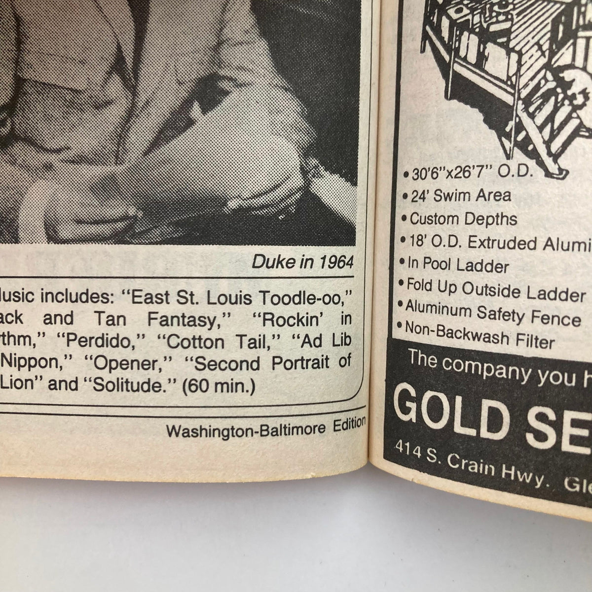 Inside page of TV Guide Magazine, July 16, 1988, featuring an article about music categories including Duke in 1964, highlighting the Washington-Baltimore edition details.
