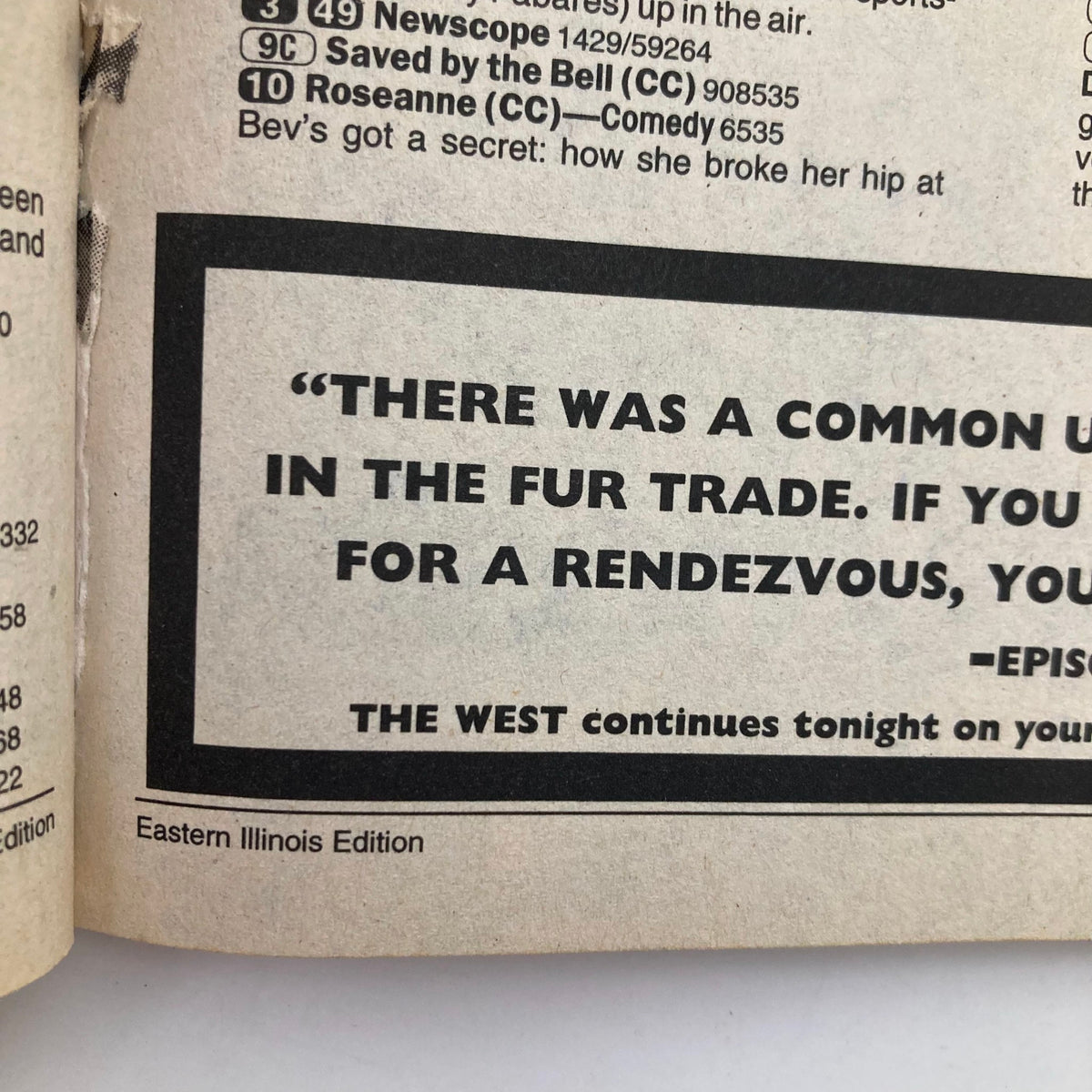 Inside page from TV Guide Magazine September 14 1996 Fall Preview Special Eastern Illinois Edition, featuring a quote related to 'The West' television show and listings for programs like 'Saved by the Bell' and 'Roseanne'.