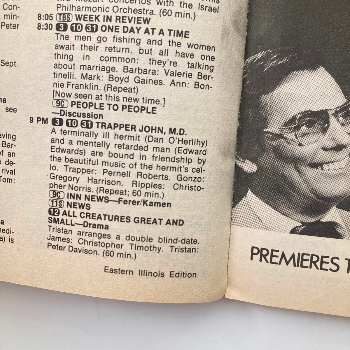 Inside page of TV Guide Magazine September 11 1982 Fall Preview Special Eastern Illinois Ed., showcasing television program listings and summaries, highlighting shows like 'Trapper John, M.D.' and 'All Creatures Great and Small'.