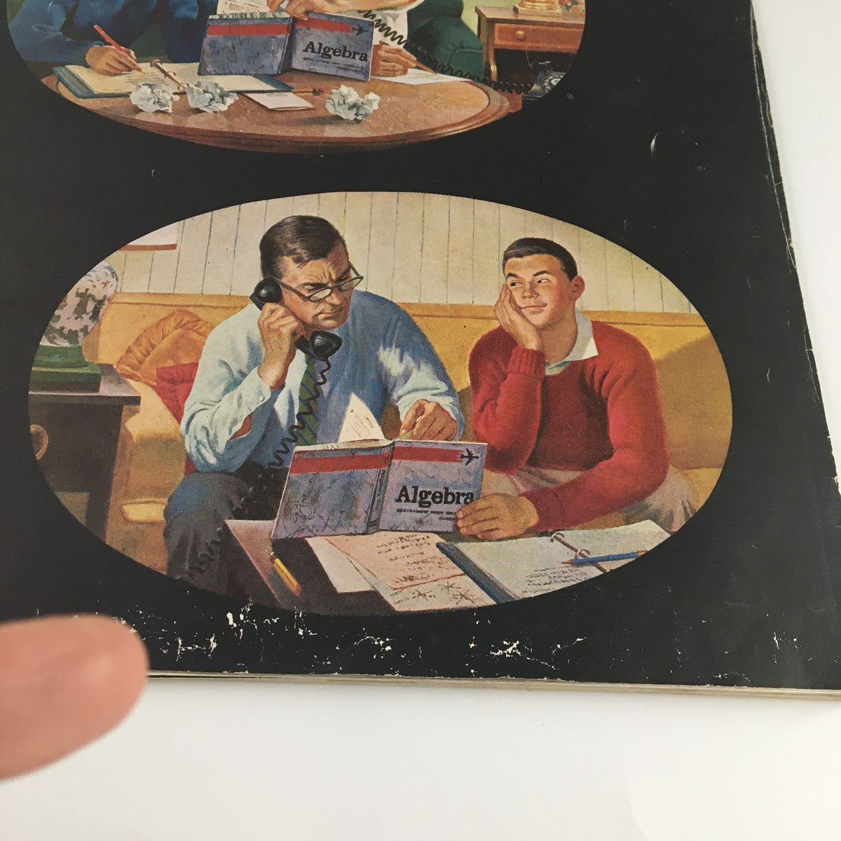 Illustration on the cover of The Saturday Evening Post, May 7, 1960, showing a father helping his son with Algebra homework.