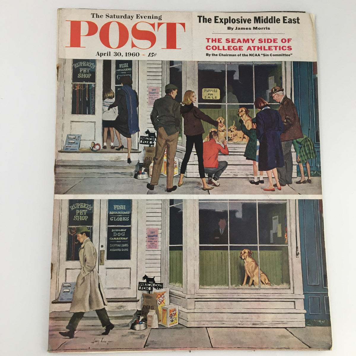Cover of The Saturday Evening Post from April 30, 1960, featuring the headline 'The Explosive Middle East'. The artwork depicts multiple figures gathered outside a pet shop, creating a nostalgic scene reflective of the 1960s culture.