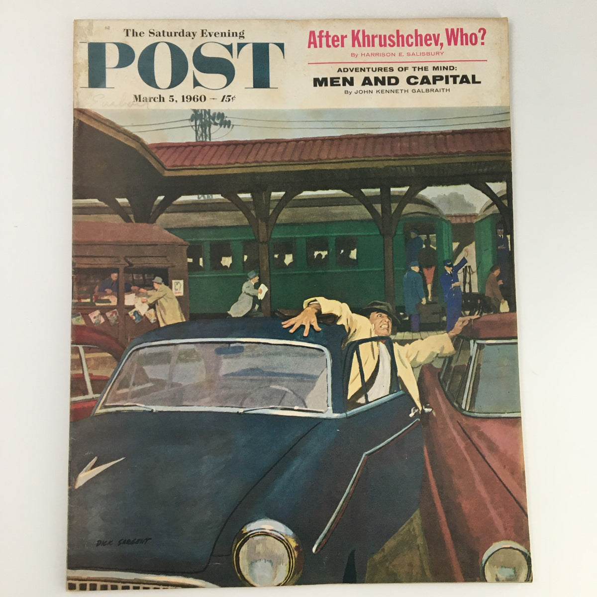 Cover of The Saturday Evening Post March 5 1960 featuring a scene depicting a crowded marketplace with a blue car in the foreground and a man reaching from the driver's seat. The issue includes a feature on Nikita Khrushchev, adding historical significance.