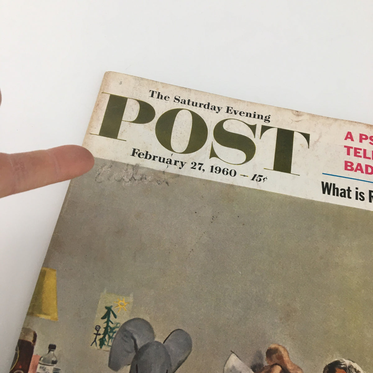 Close-up of the cover of The Saturday Evening Post February 27 1960, emphasizing the title and date, with visible wear and marks reflective of its historical charm.