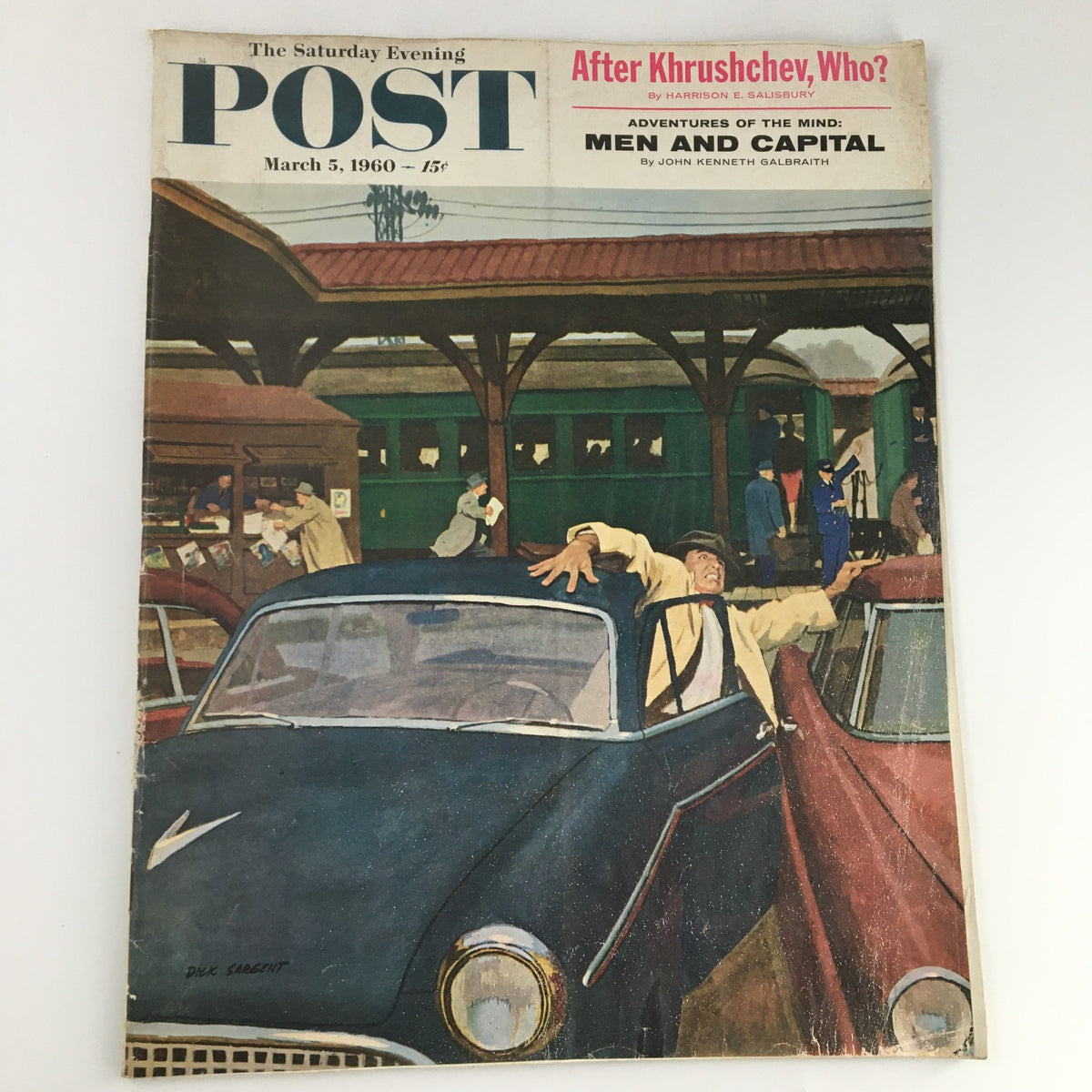 Cover of The Saturday Evening Post March 5 1960 Issue featuring an illustration of a vintage car and people at a train station, highlighting the feature on Nikita Khrushchev.