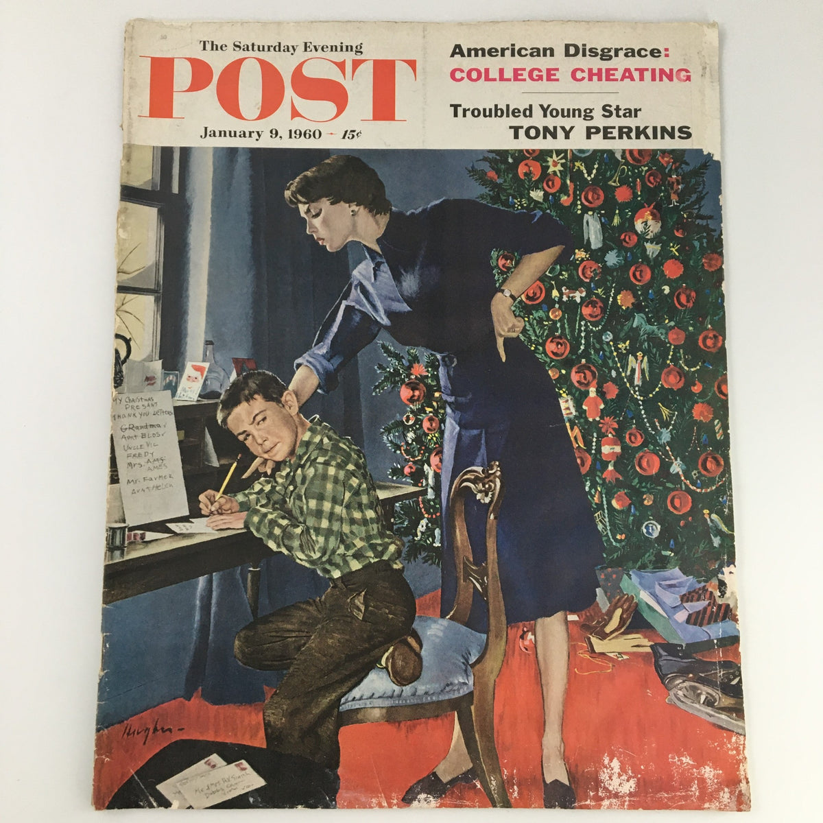 The Saturday Evening Post cover from January 9, 1960, featuring Tony Perkins. The illustration depicts a young boy in a green checkered shirt writing at a desk while a woman in a dark blue dress stands beside him. The background shows a decorated Christmas tree, capturing a nostalgic glimpse into mid-century American life.
