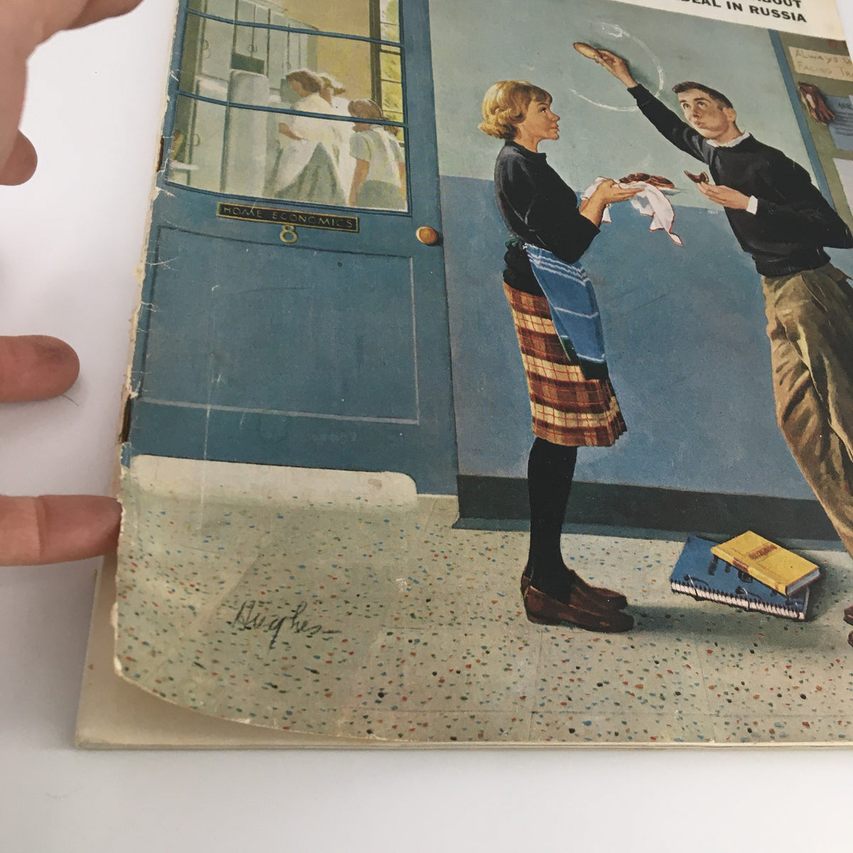 Detail view of The Saturday Evening Post cover from May 28, 1960, showing the artistic portrayal of a man and a woman, highlighting Loretta Young's feature in this classic magazine.