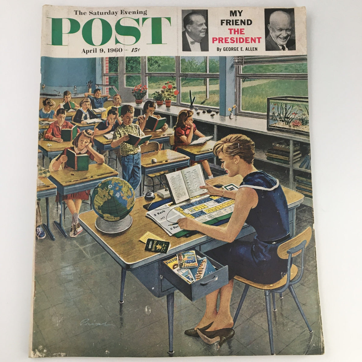 Cover of The Saturday Evening Post dated April 9, 1960, featuring a classroom scene with children reading. This vintage magazine highlights a feature on President Dwight D. Eisenhower.