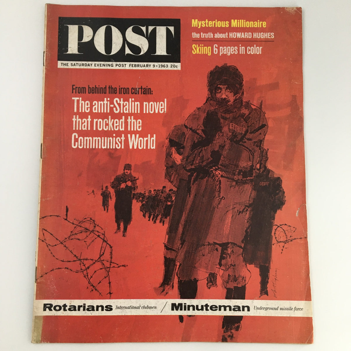 Cover image of The Saturday Evening Post February 9 1963 featuring Rotarians and Minuteman, showcasing a vibrant red design with illustrated characters against a historical backdrop.
