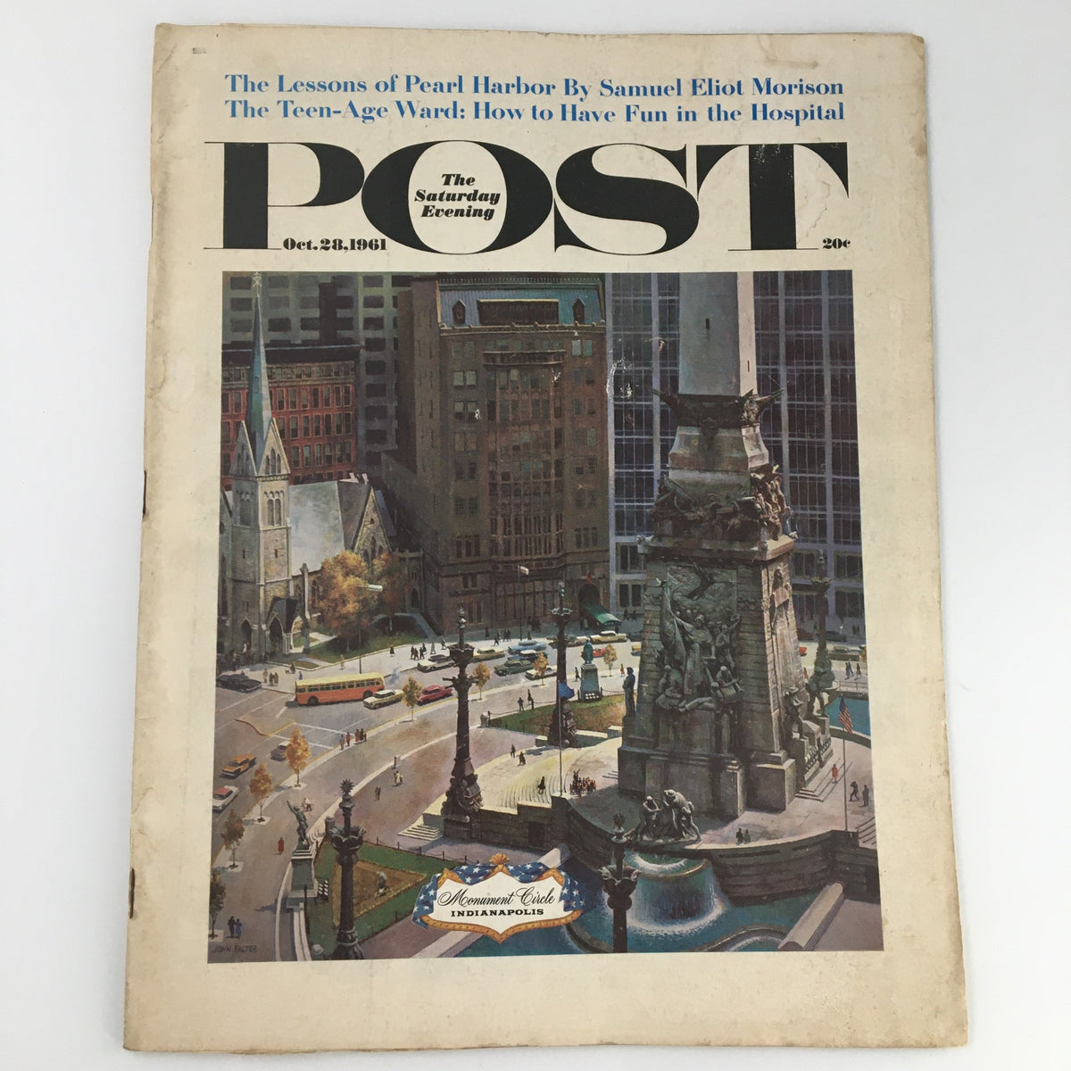 Vintage cover of The Saturday Evening Post from October 28, 1961, featuring Monument Circle in Indianapolis, showcasing vibrant colors and historical architecture.