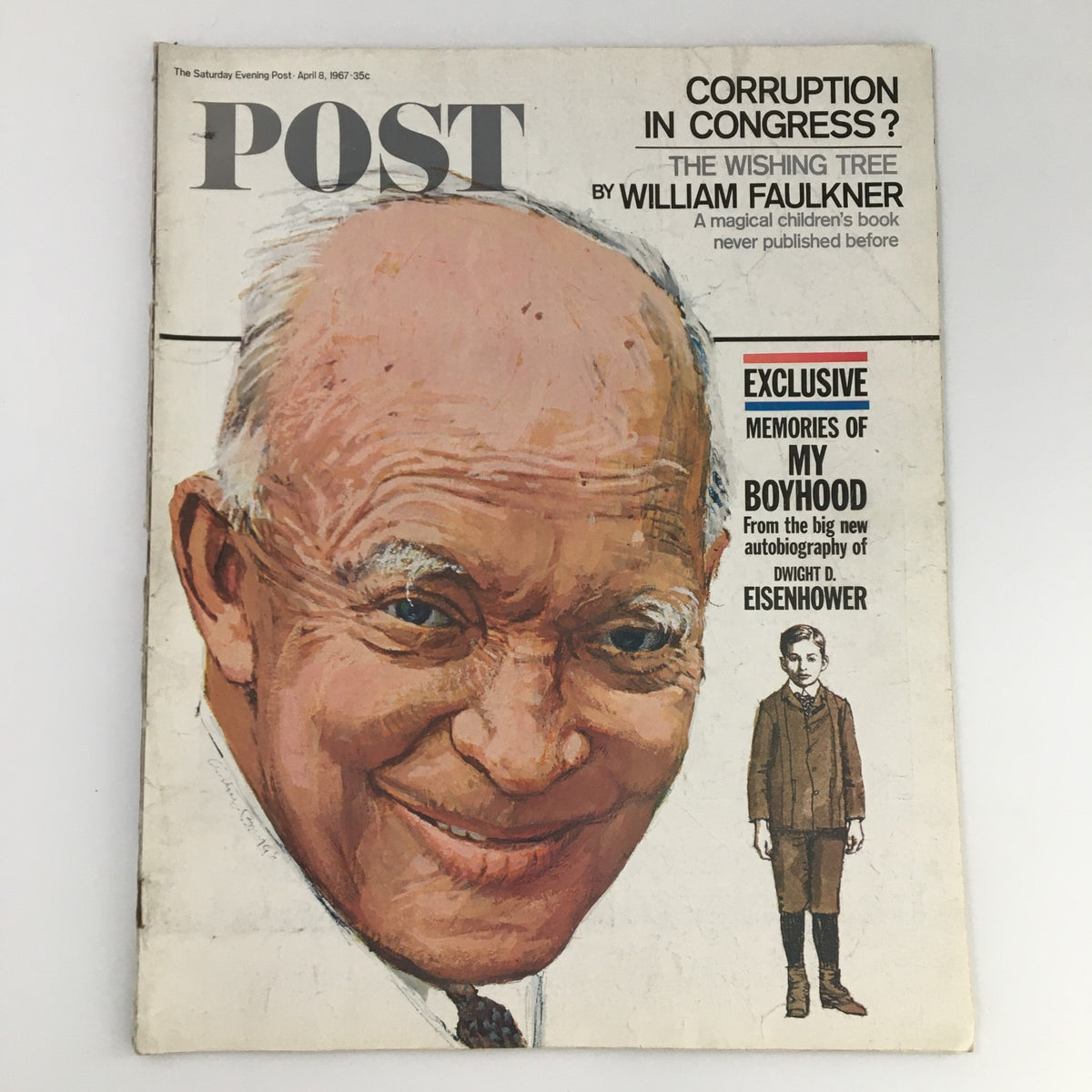 The Saturday Evening Post April 8 1967 cover featuring a portrait of Dwight D. Eisenhower, highlighting articles including 'Corruption in Congress?' and exclusive memories from his autobiography.