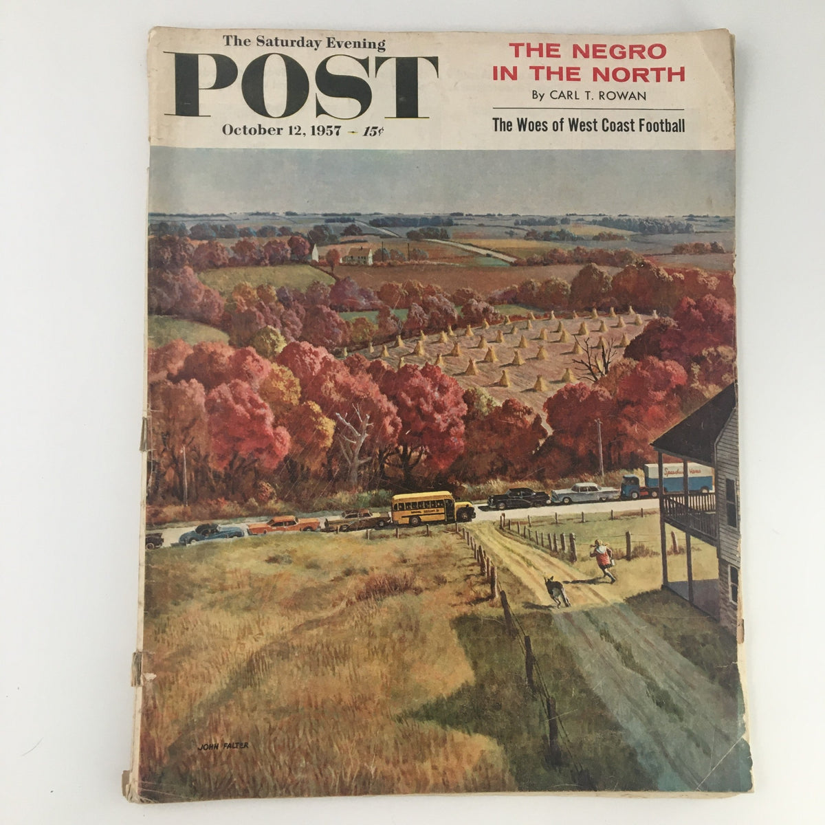 Cover of The Saturday Evening Post October 12 1957 featuring scenic artwork depicting autumn landscape and cars at a rural setting, highlighting the West Coast Football feature.