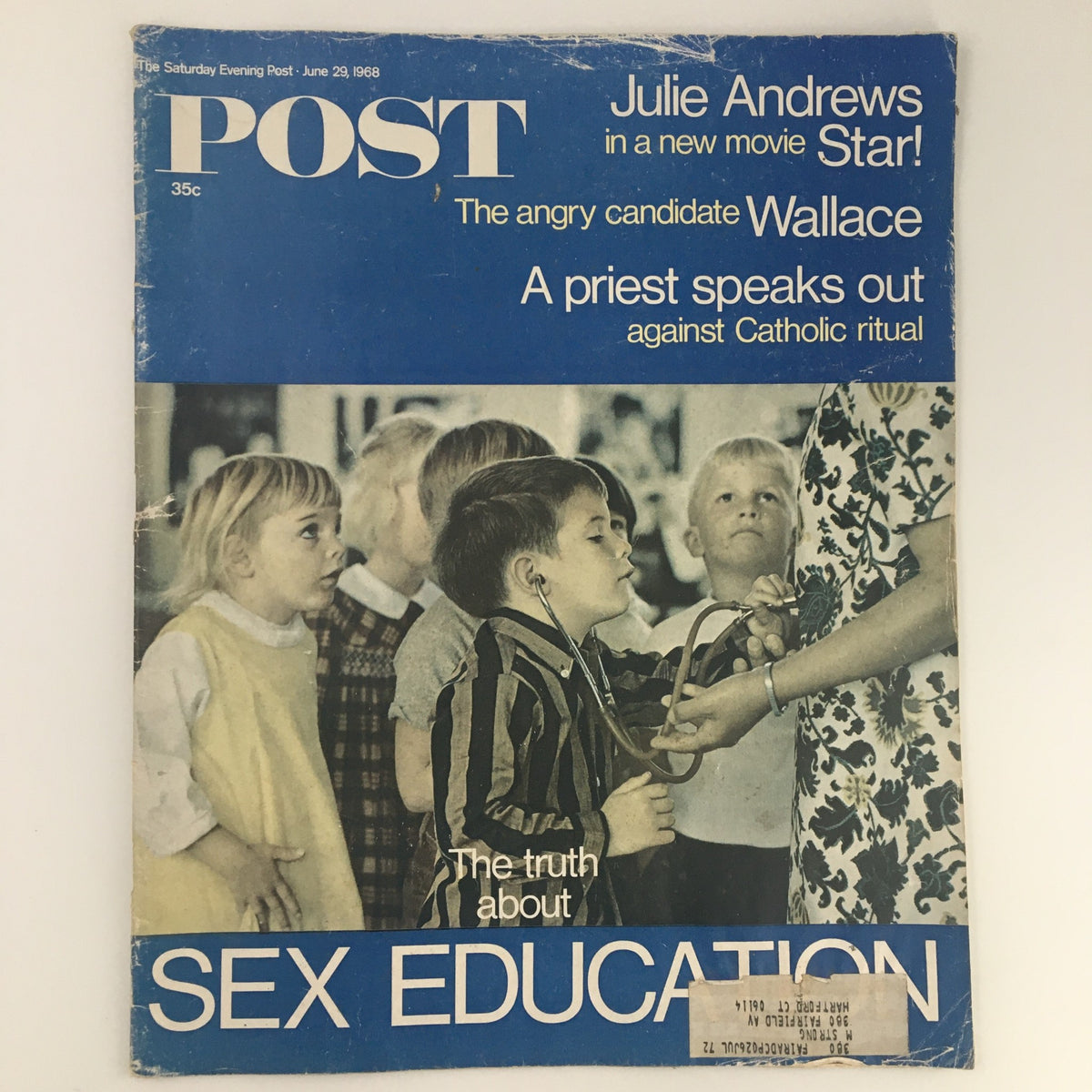 The Saturday Evening Post June 29 1968 featuring Julie Andrews on the cover with an illustration of children, discussing sex education and political commentary on George Wallace.