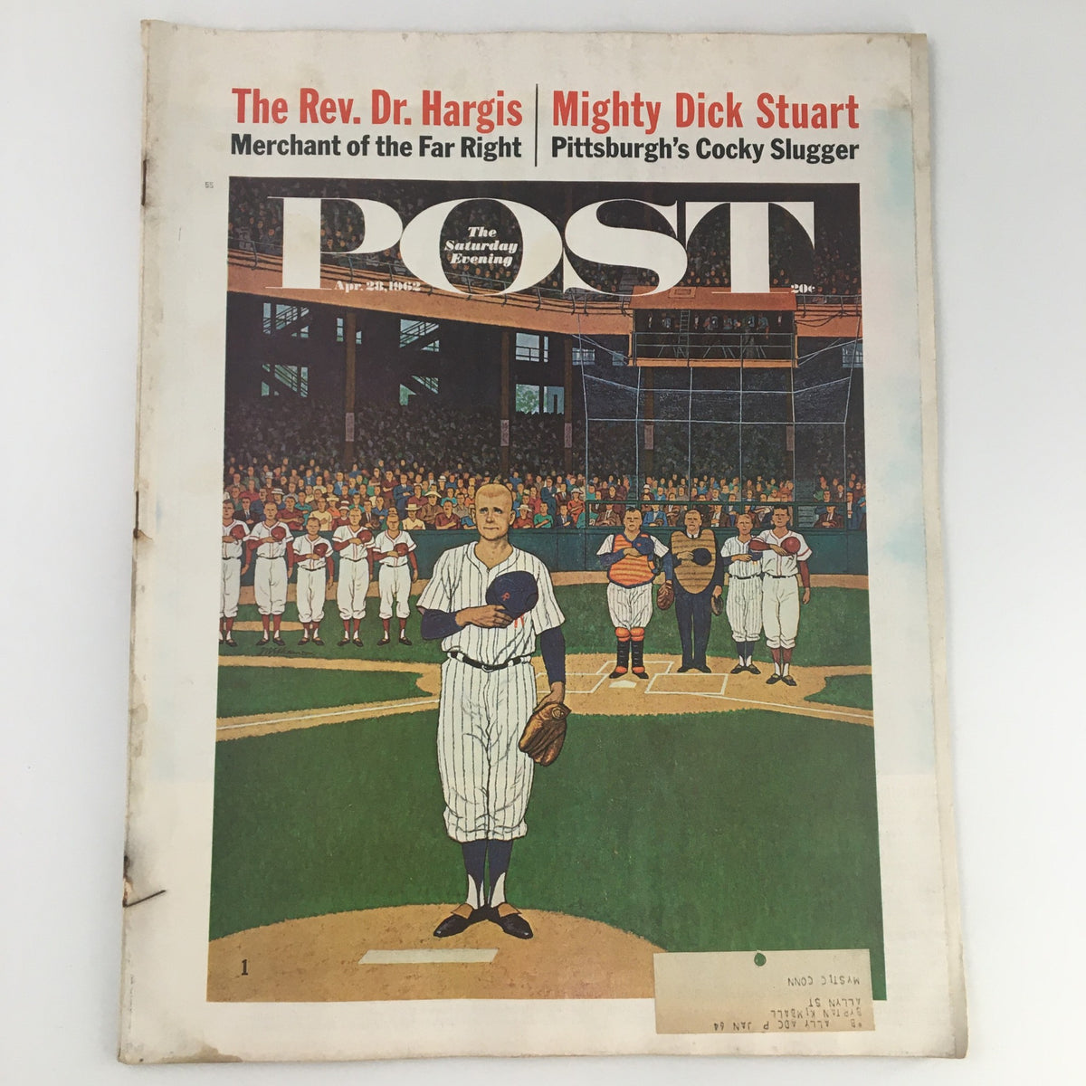 Cover of The Saturday Evening Post, dated April 28, 1962, featuring Pittsburgh's Mighty Dick Stuart in baseball uniform on a baseball field with a crowd in the background.
