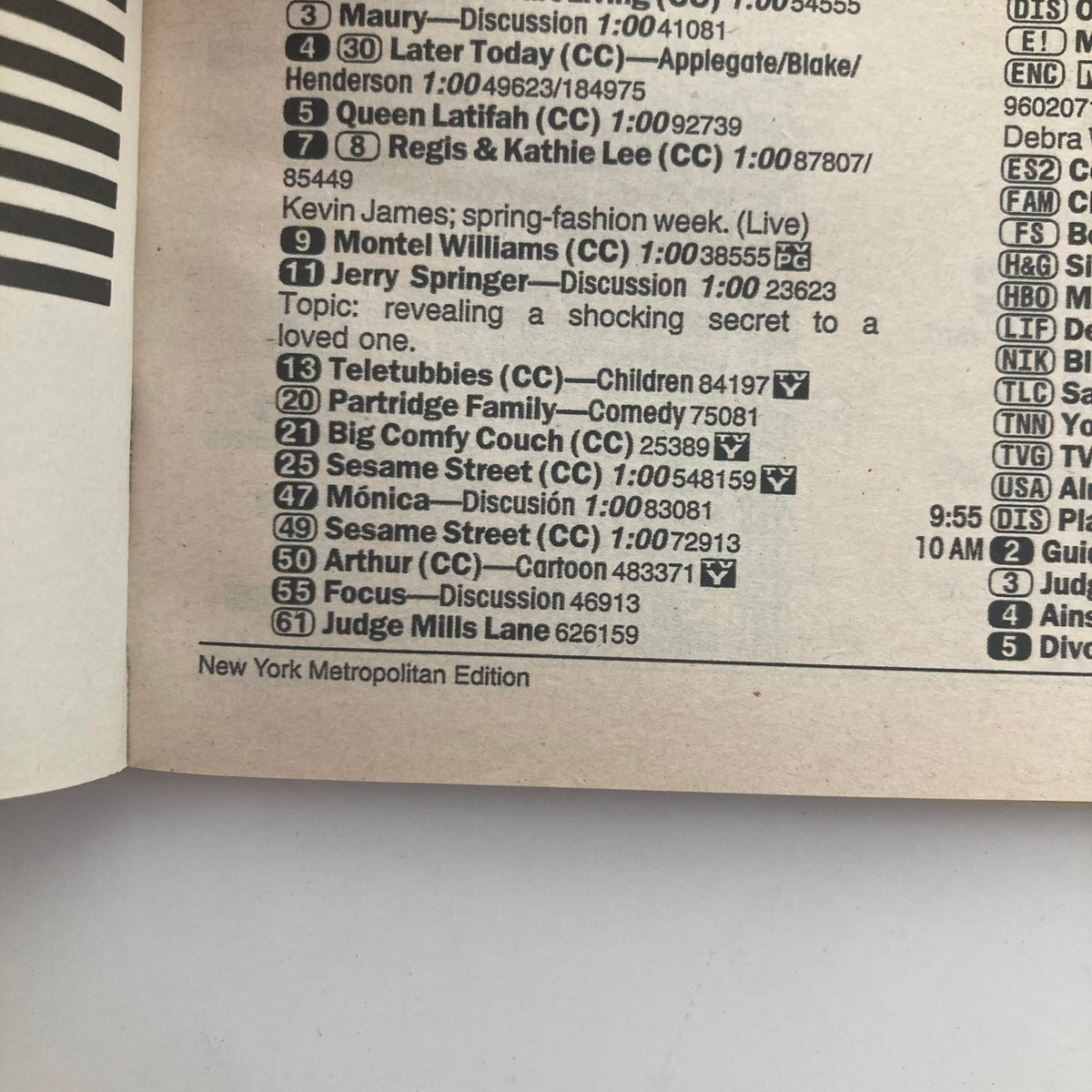 Inside page of TV Guide Magazine April 29 2000 listing programming information including popular shows like Teletubbies and Sesame Street from the New York Metropolitan Edition.