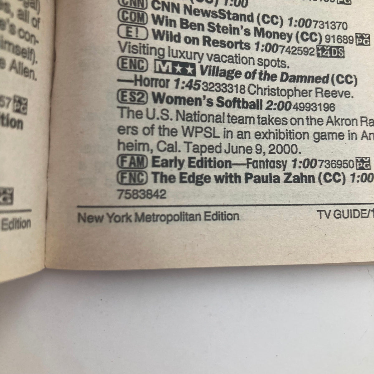 Inside page of TV Guide Magazine June 10 2000 highlighting contents and features, part of the New York Metropolitan Edition.