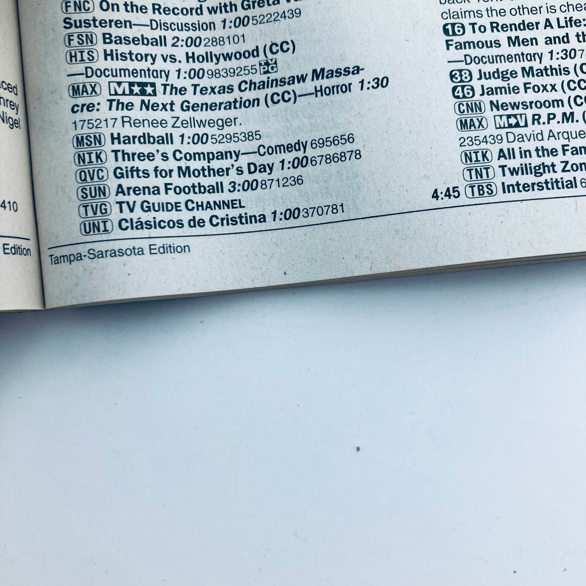 Inside page of TV Guide Magazine April 20 2002, showcasing television listings and programming details for the Tampa-Sarasota edition.