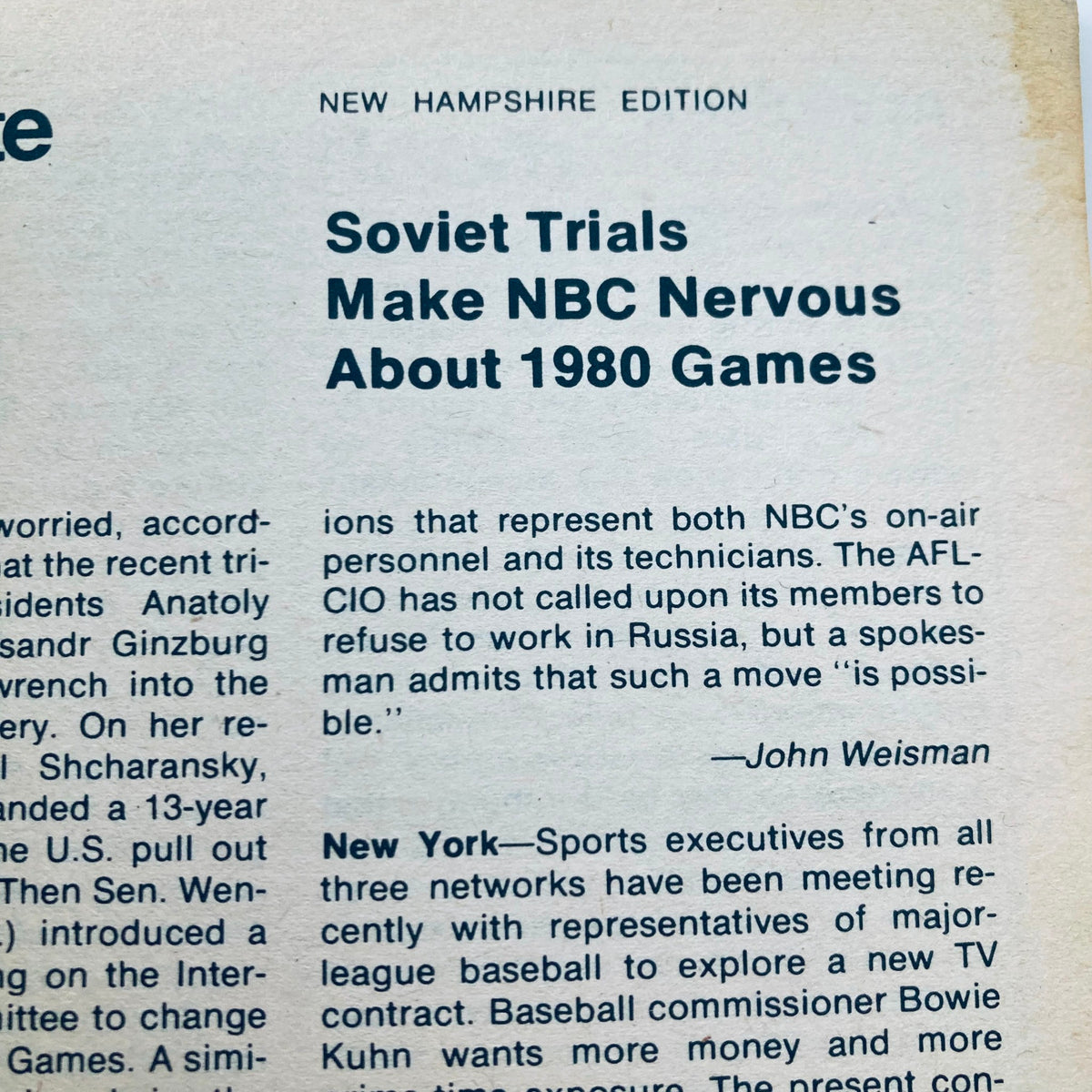 Feature article page from TV Guide Magazine July 29 1978, highlighting concerns over Soviet trials and NBC's preparations for the 1980 Olympics, reflecting the political climate of the time.