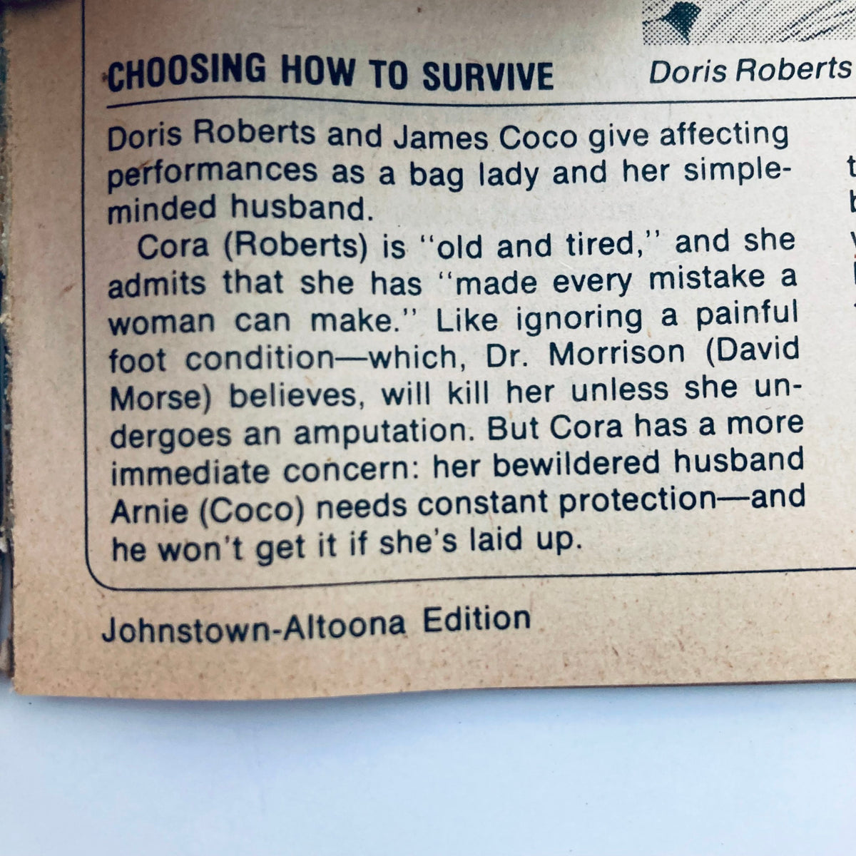 A vintage magazine article excerpt featuring Doris Roberts and James Coco from the TV Guide Magazine June 11, 1983, detailing a performance about survival and relationships.