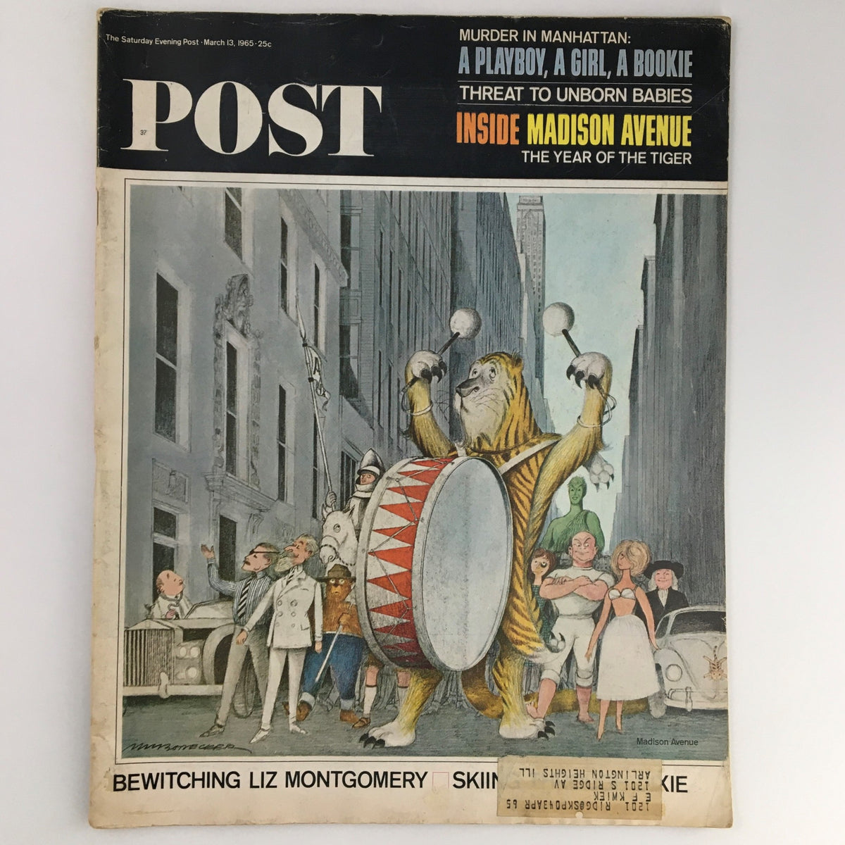 The Saturday Evening Post March 13, 1965 cover featuring a whimsical illustration of a tiger in a parade, highlighting 'Inside Madison Avenue' during the Year of the Tiger. The artwork captures various characters in a vibrant street scene, showcasing classic advertising themes from the 1960s.
