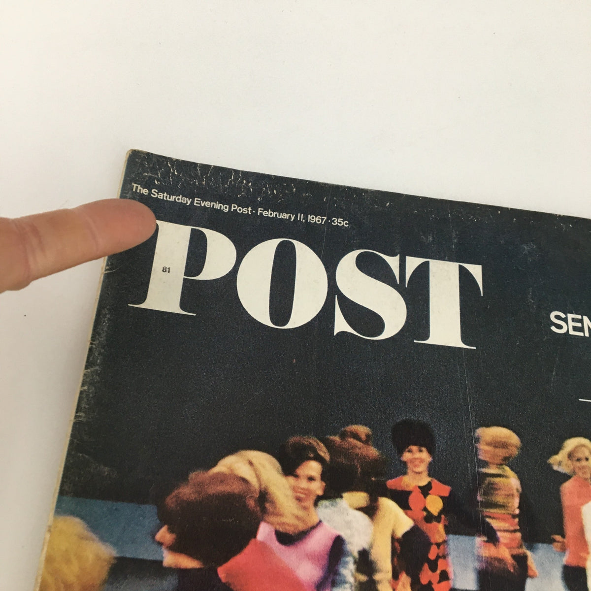 Close-up image of the cover text from The Saturday Evening Post February 11 1967, highlighting the publication's title along with a glimpse of its playful imagery featuring dancers in vibrant outfits.