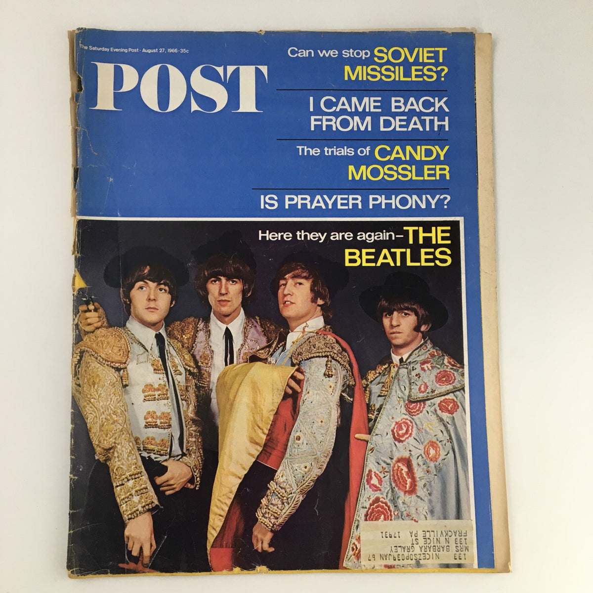 The Saturday Evening Post August 27 1966 featuring The Beatles on the cover in vintage attire, includes articles on the Candy Mossler trial and various cultural issues from the 1960s.