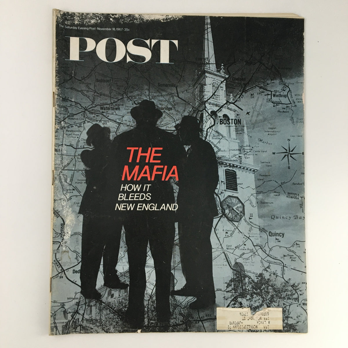 Cover of The Saturday Evening Post from November 18, 1967, featuring the title 'The Mafia: How It Bleeds in England' against a backdrop of a map of New England and silhouettes of three men.