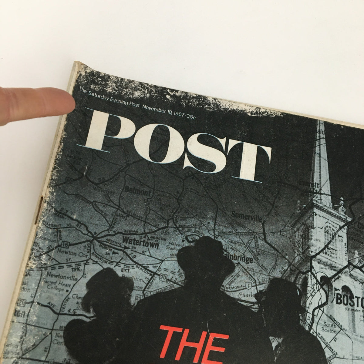 Close-up of the cover of The Saturday Evening Post, November 18, 1967, highlighting the title 'The Mafia: How It Bleeds in England' with details of the vintage map background.