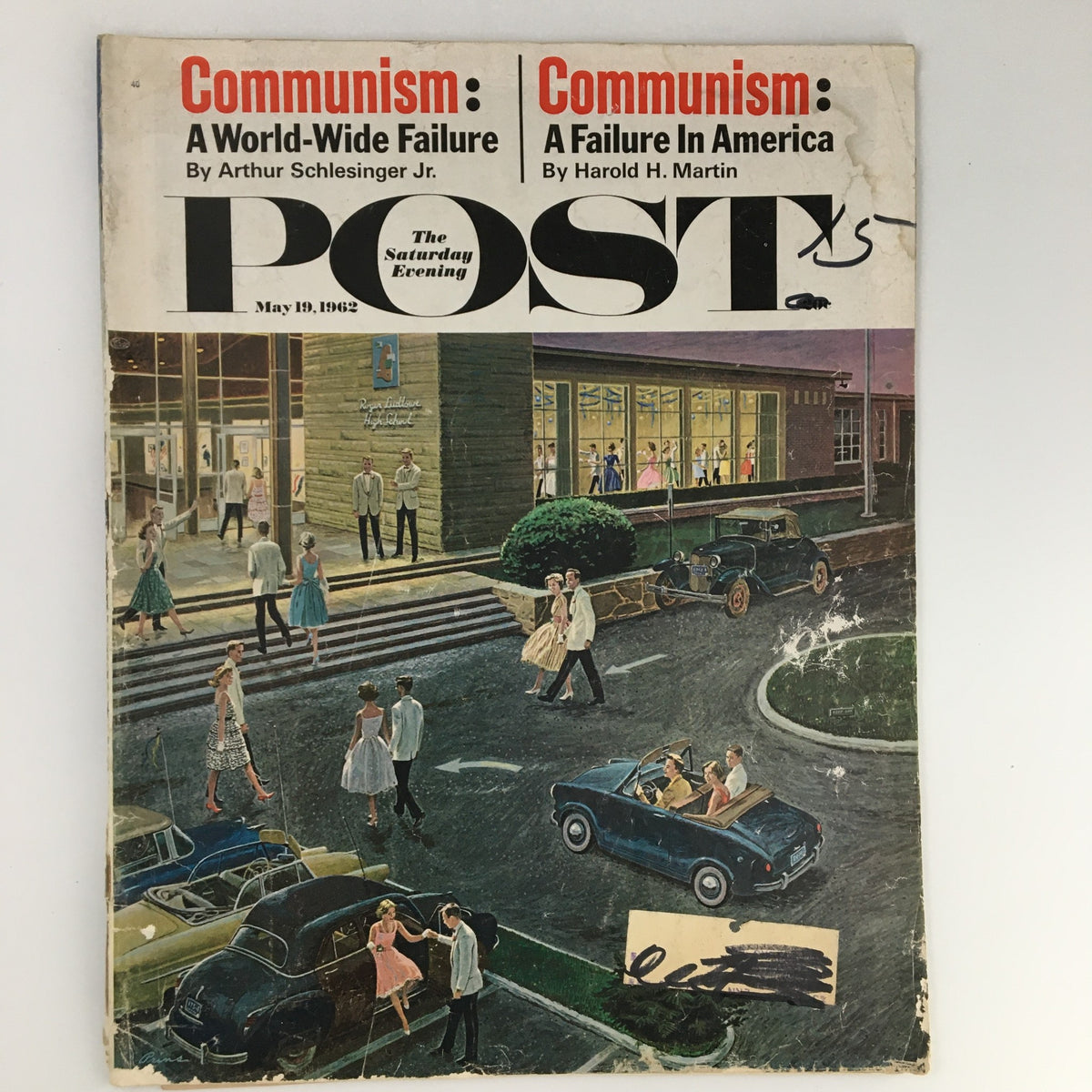 Cover of The Saturday Evening Post from May 19, 1962, featuring articles on 'A World-Wide Failure' in America with vintage illustrations of a social scene.
