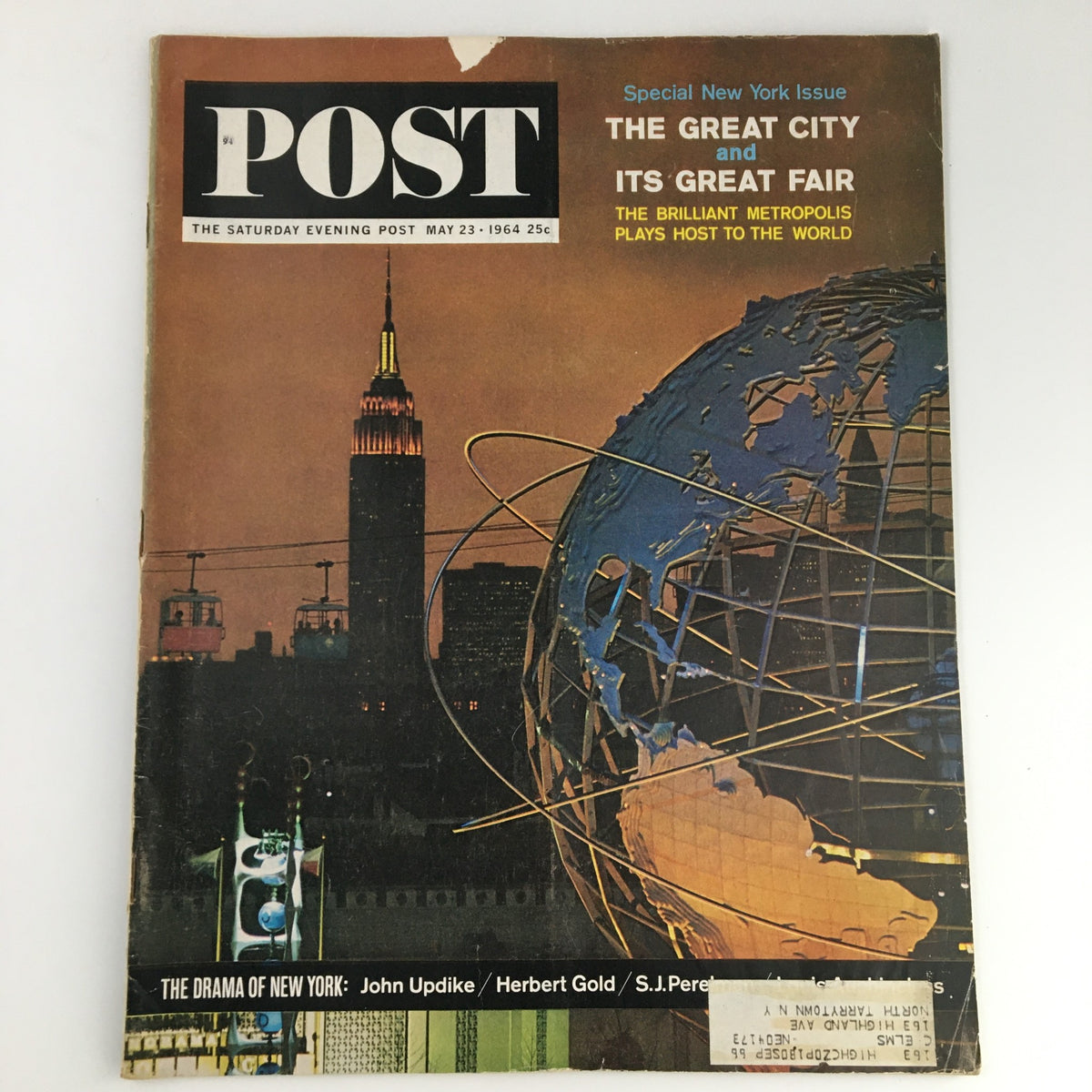 The Saturday Evening Post May 23 1964 cover featuring The Great City and Its Great Fair, showcasing the Empire State Building and the globe motif, reflecting 1960s cultural history.