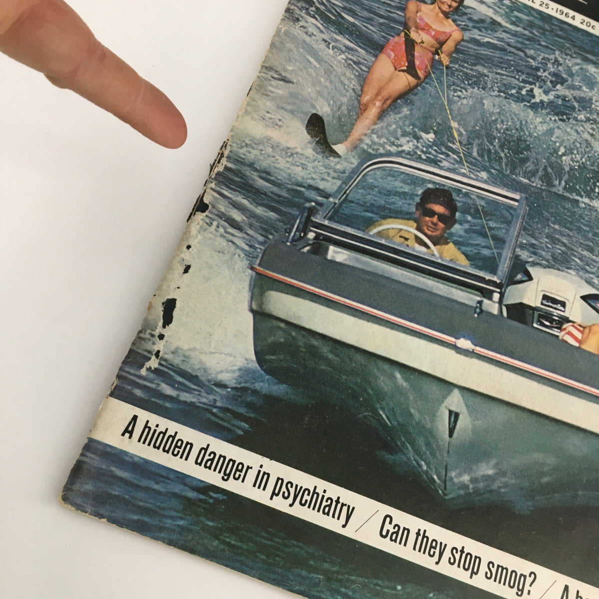 Cover of The Saturday Evening Post April 25 1964 featuring the article A Hidden Danger in Psychiatry, depicting a boat with a driver and a water skier in action amidst waves.