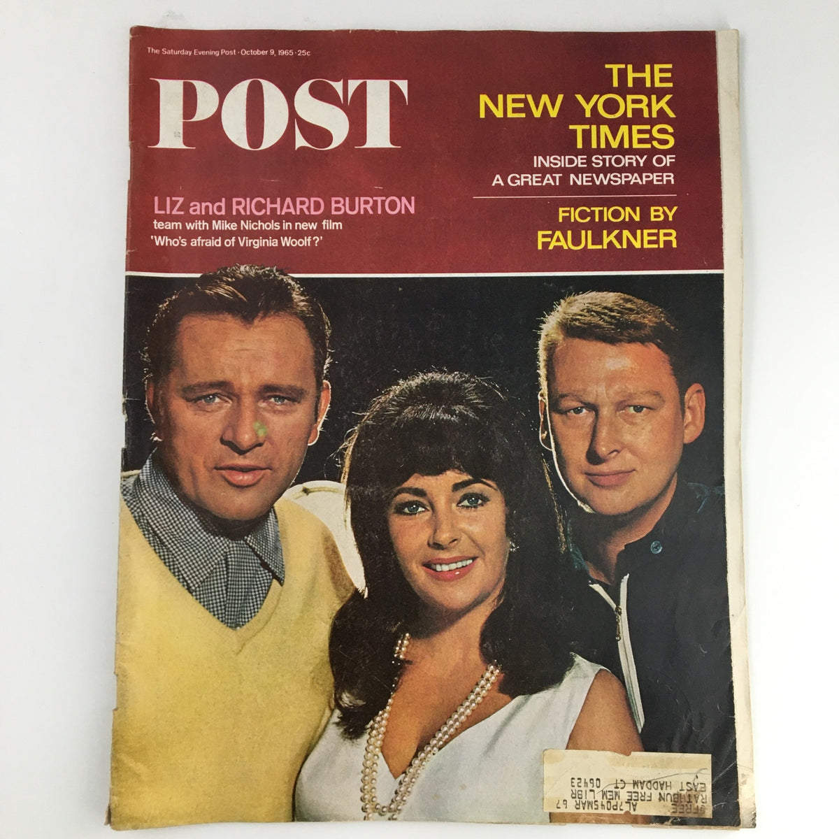 The Saturday Evening Post October 9 1965 cover featuring Elizabeth Taylor, Richard Burton, and director Mike Nichols, showcasing vintage Hollywood glamour and iconic cinema history.