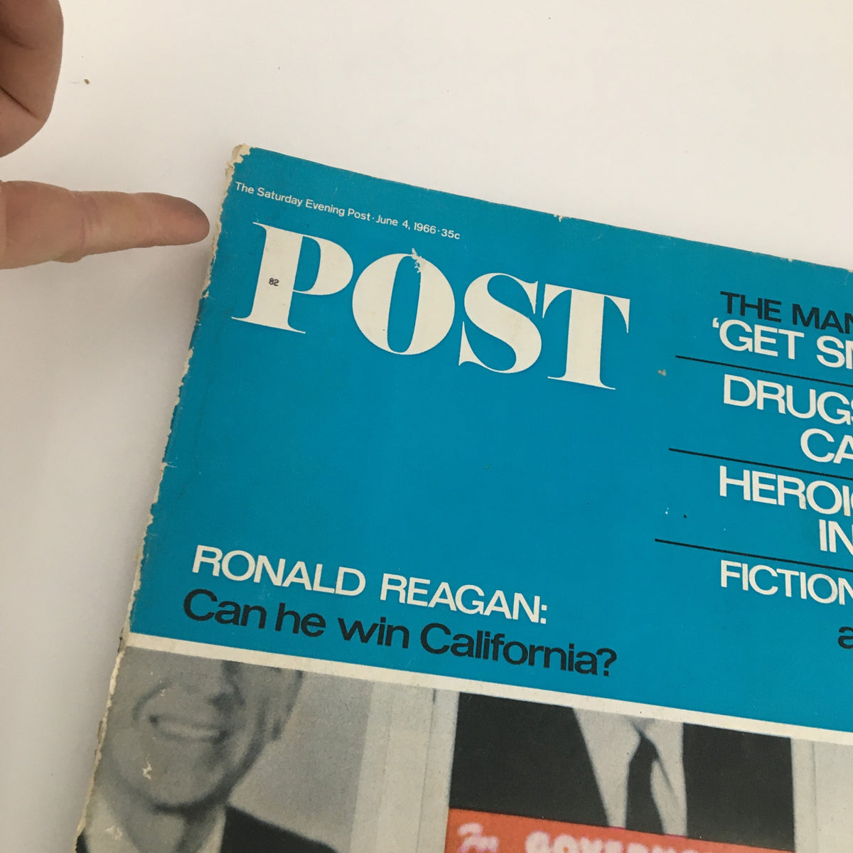 Detail view of The Saturday Evening Post June 4 1966 cover, emphasizing the title and Ronald Reagan's campaign slogan: 'Can he win California?'. Collectible vintage magazine.