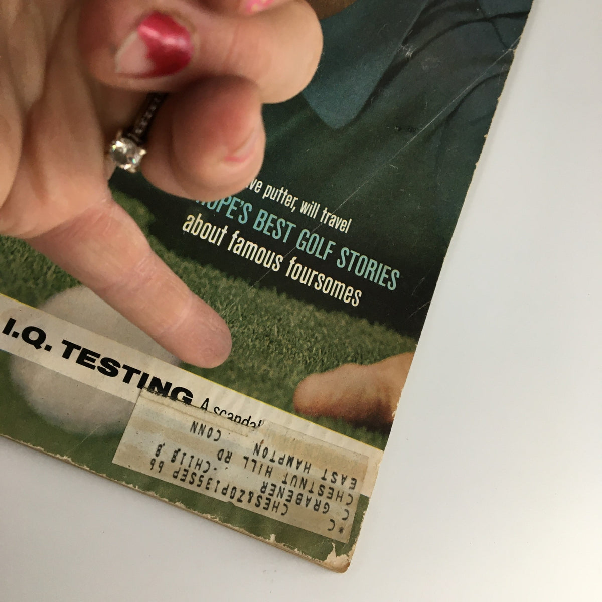 Side detail of the November 9, 1963 issue of The Saturday Evening Post, showing Bob Hope's Best Golf Stories and an address label, with a focus on the bottom section of the cover.