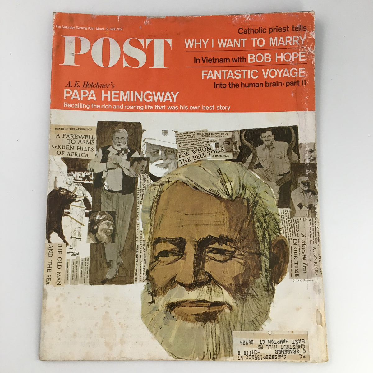 Cover of The Saturday Evening Post from March 12, 1966, featuring Bob Hope and Ernest Hemingway, showcasing vintage illustrations and cover design.